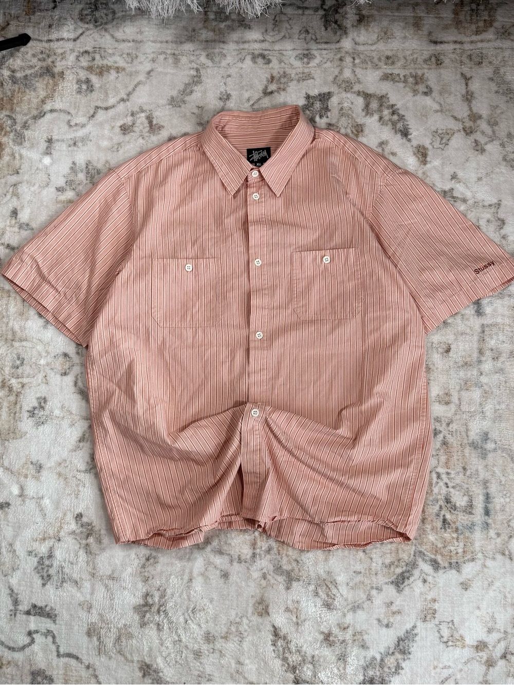 Vintage Made in USA Stussy Short-Sleeve Peach Stripe Button-Down Shirt